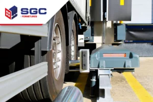 Bloqueur de roue pour quai logistique installé sur plateforme industrielle