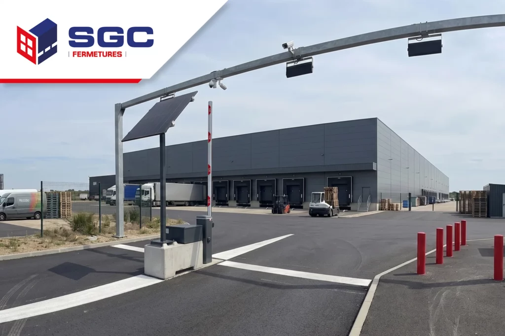 Barrière levante automatique BFT solaire pour site industriel Barrière levante automatique solaire installée sur site logistique industriel en Centre-Val de Loire