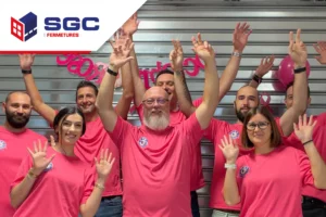 Photo collective des collaborateurs de SGC Fermetures portant des t-shirts roses pour Octobre Rose 2026