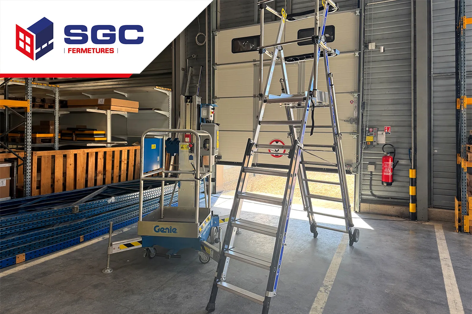 Sécurité des techniciens et conditions de travail chez SGC Fermetures Technicien SGC Fermetures utilisant un équipement de travail en hauteur lors d'une intervention industrielle